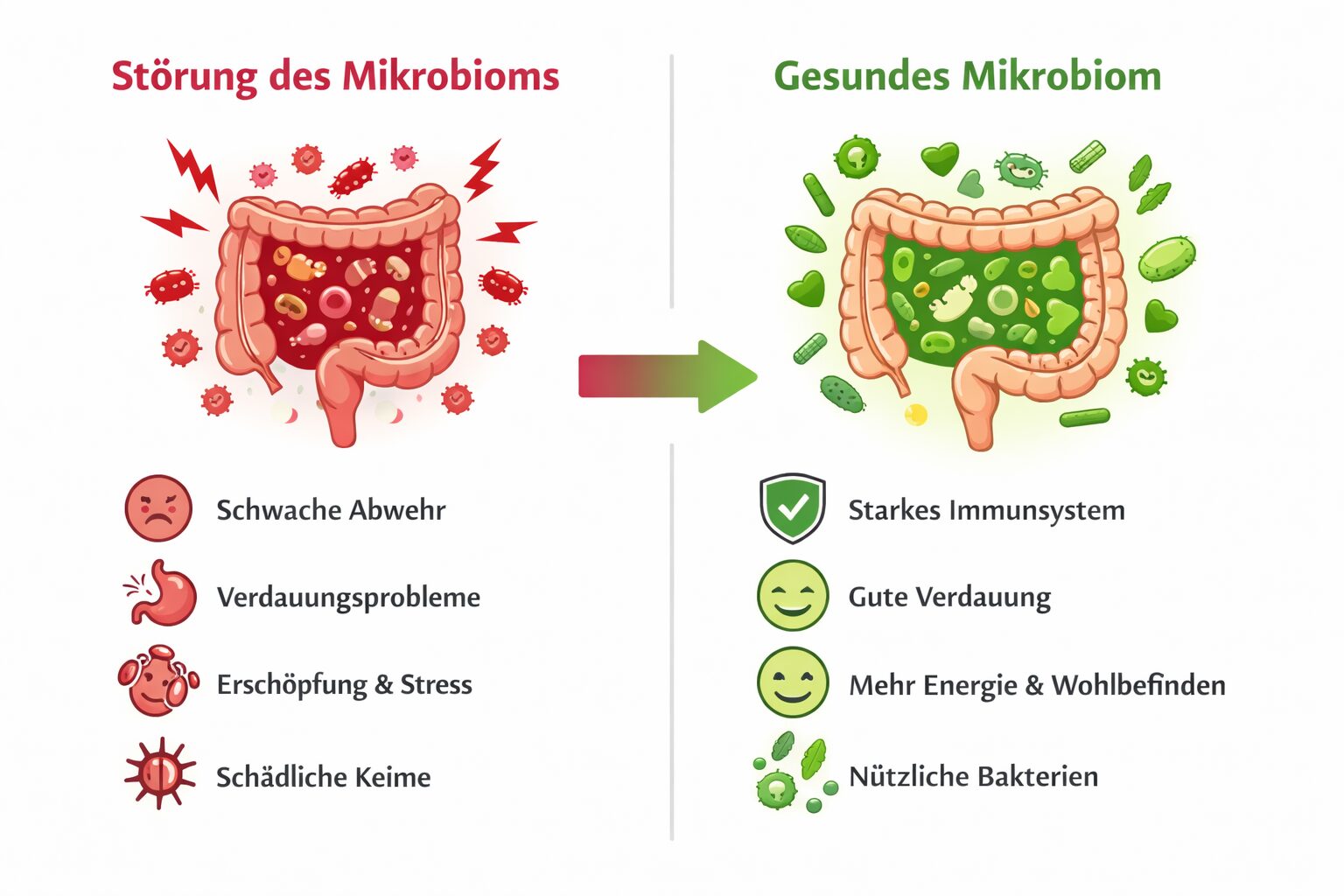 Störung des Darmmikrobioms im Vergleich zu gesunden Darmbakterien