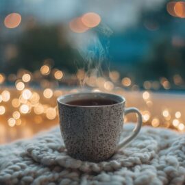 Warmer Becher auf Tisch mit sanftem Licht – ruhiger Moment zum Innehalten bei Stress